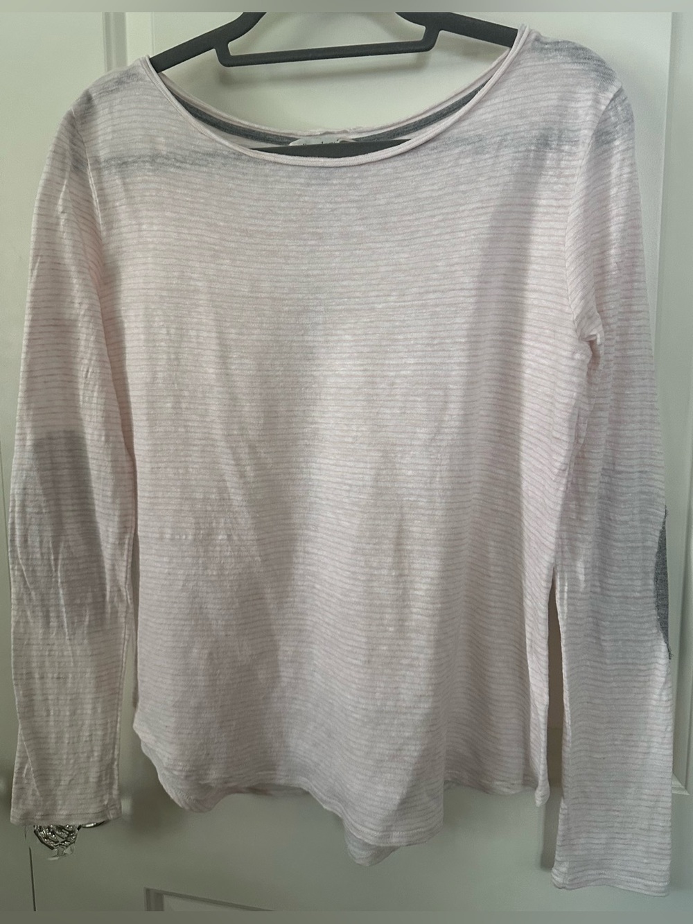 Sundance 100% Linen Top Medium Peach Stripe Gray Elbow Patch Shirt